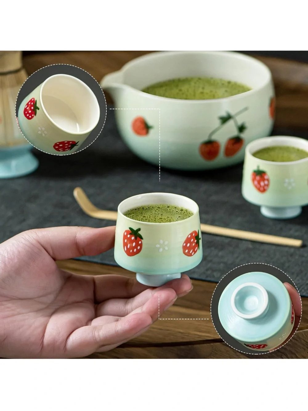 NWOT Green Strawberry Ceramic Matcha Set with Whisk and Spoon